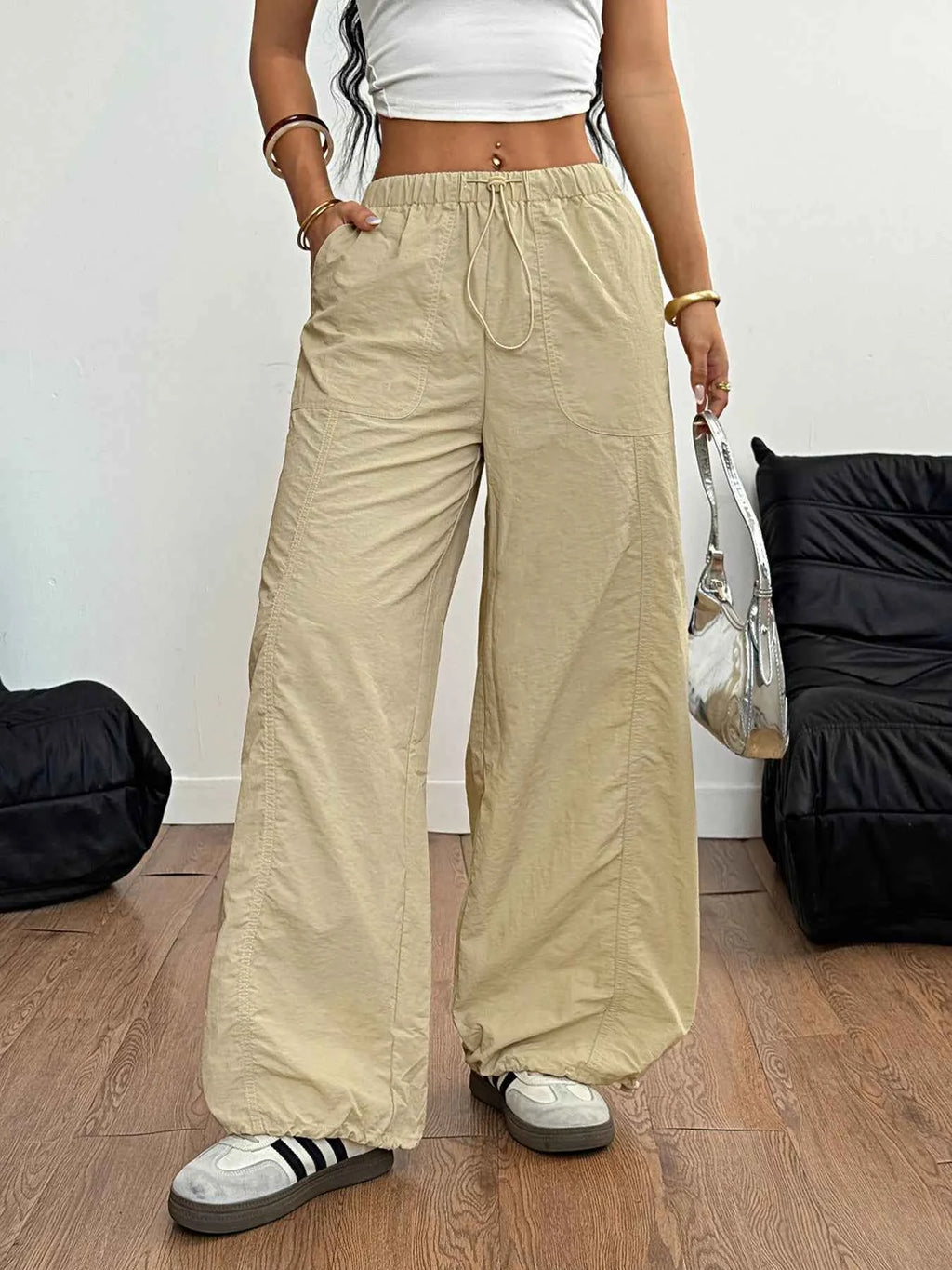 Drawstring Wide Leg Cargo Pants.
