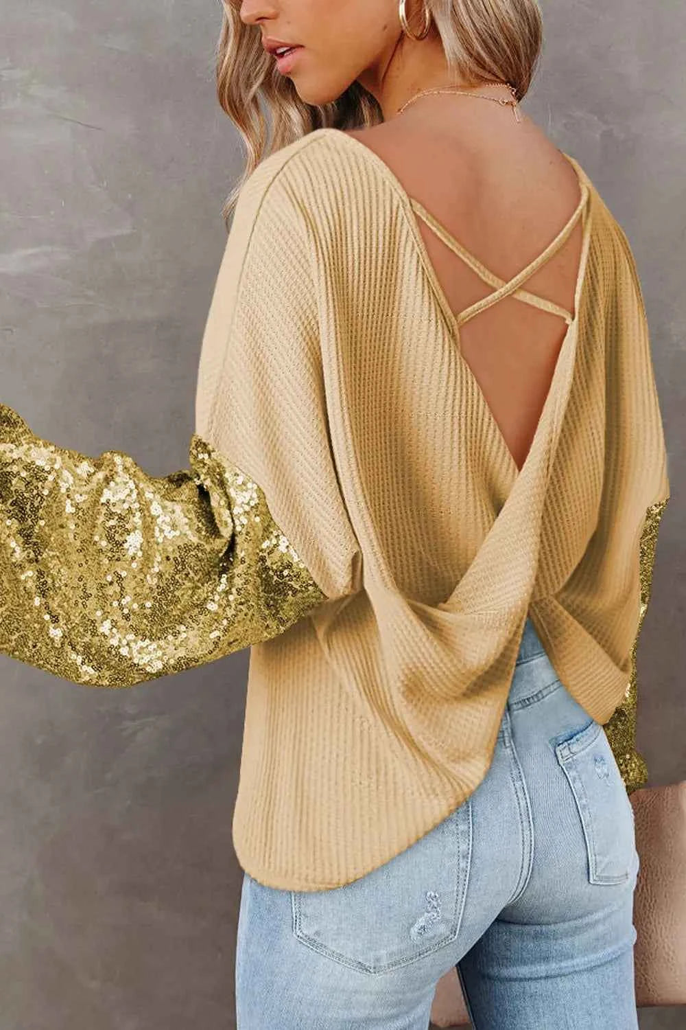 Sequin Waffle-Knit Blouse.