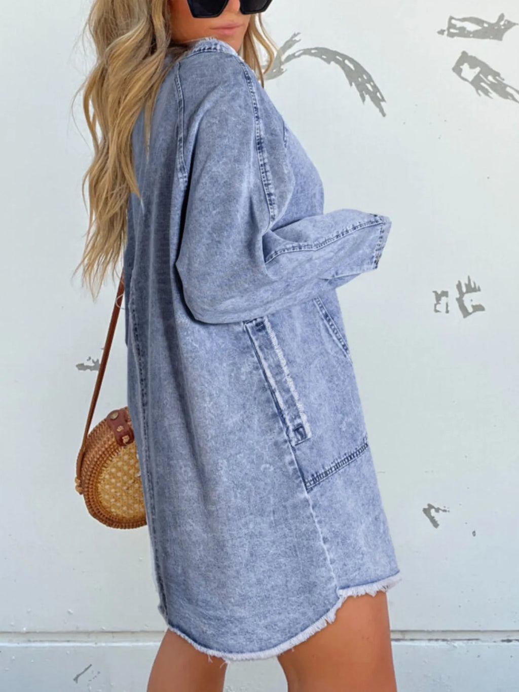 Full Size Button-Front Long Sleeve Denim Shirt Dress Plus Size.
