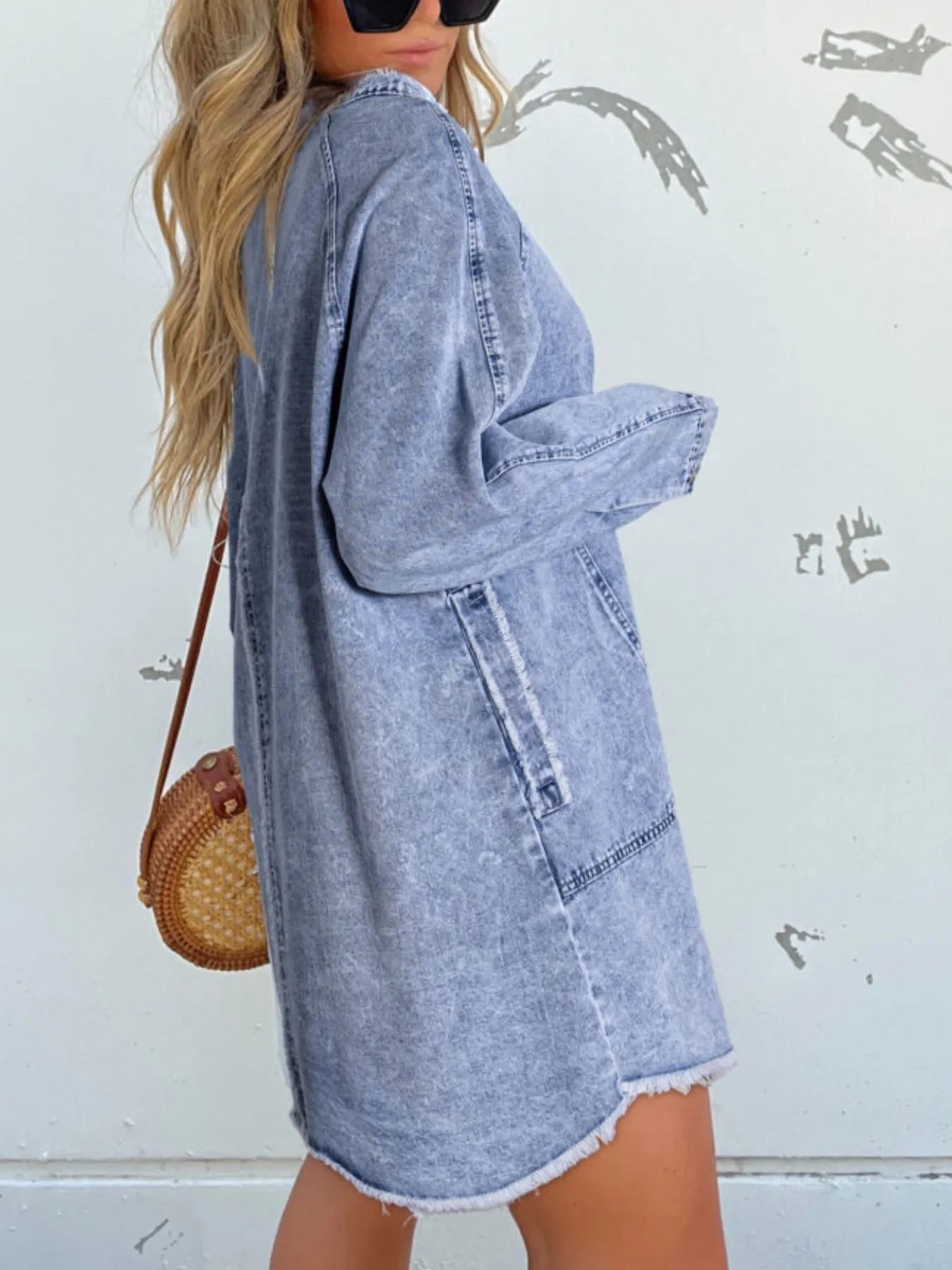 Full Size Button-Front Long Sleeve Denim Shirt Dress Plus Size.
