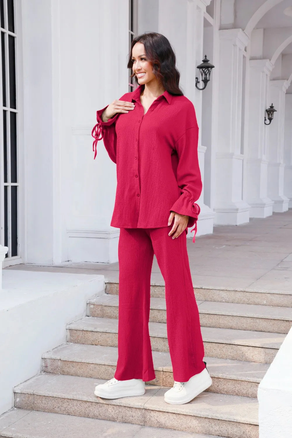 Drawstring Flounce Sleeve Shirt and Pants Set - CHIC TB