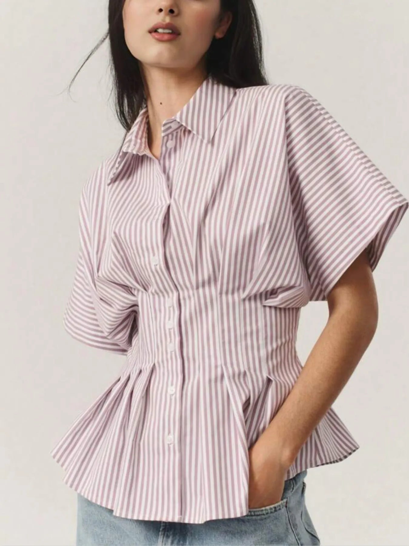 Striped Short Sleeve Button-Up Shirt.