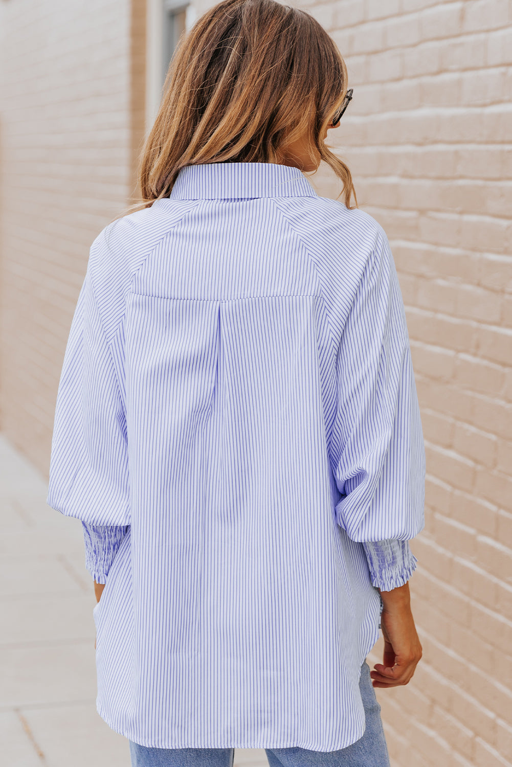 Sky Blue Smocked Cuffed Striped Boyfriend Shirt with Pocket Dear-Lover Dropshipping