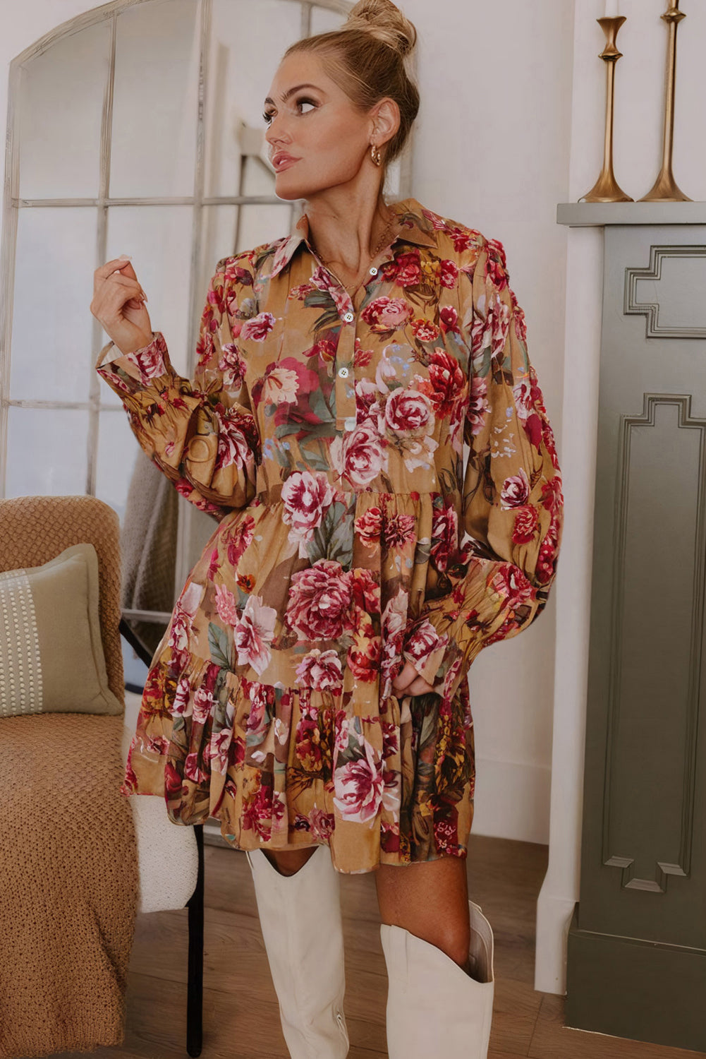 Brown Vintage Floral Print Shirt Style Half Button Long Sleeve Ruffle Mini Dress Dear-Lover Dropshipping