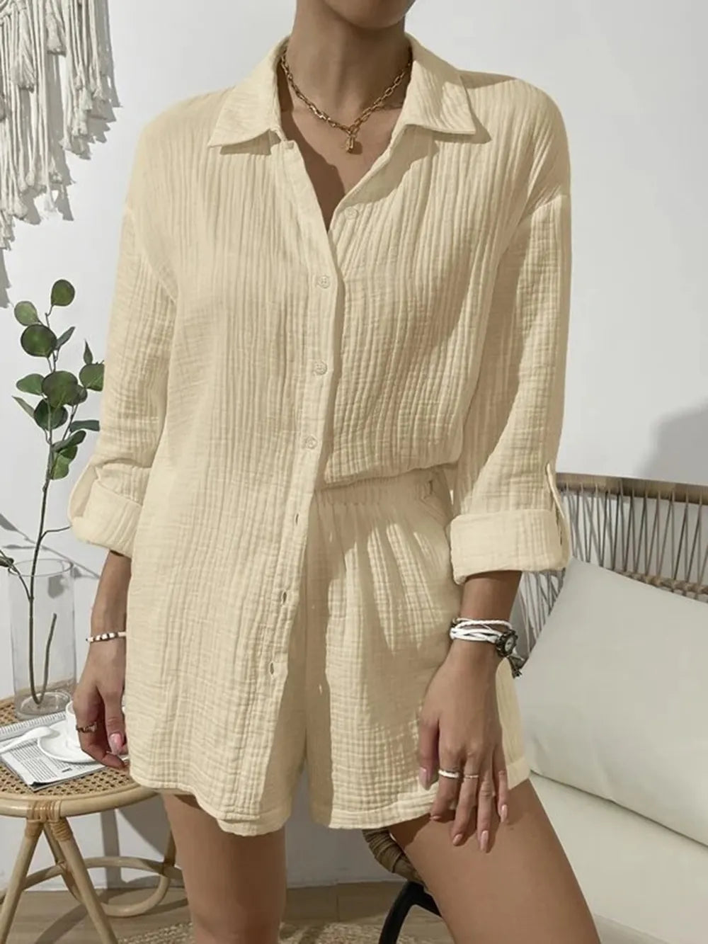 Dropped Shoulder Button Up Top and Elastic Waist Shorts Set - CHIC TB