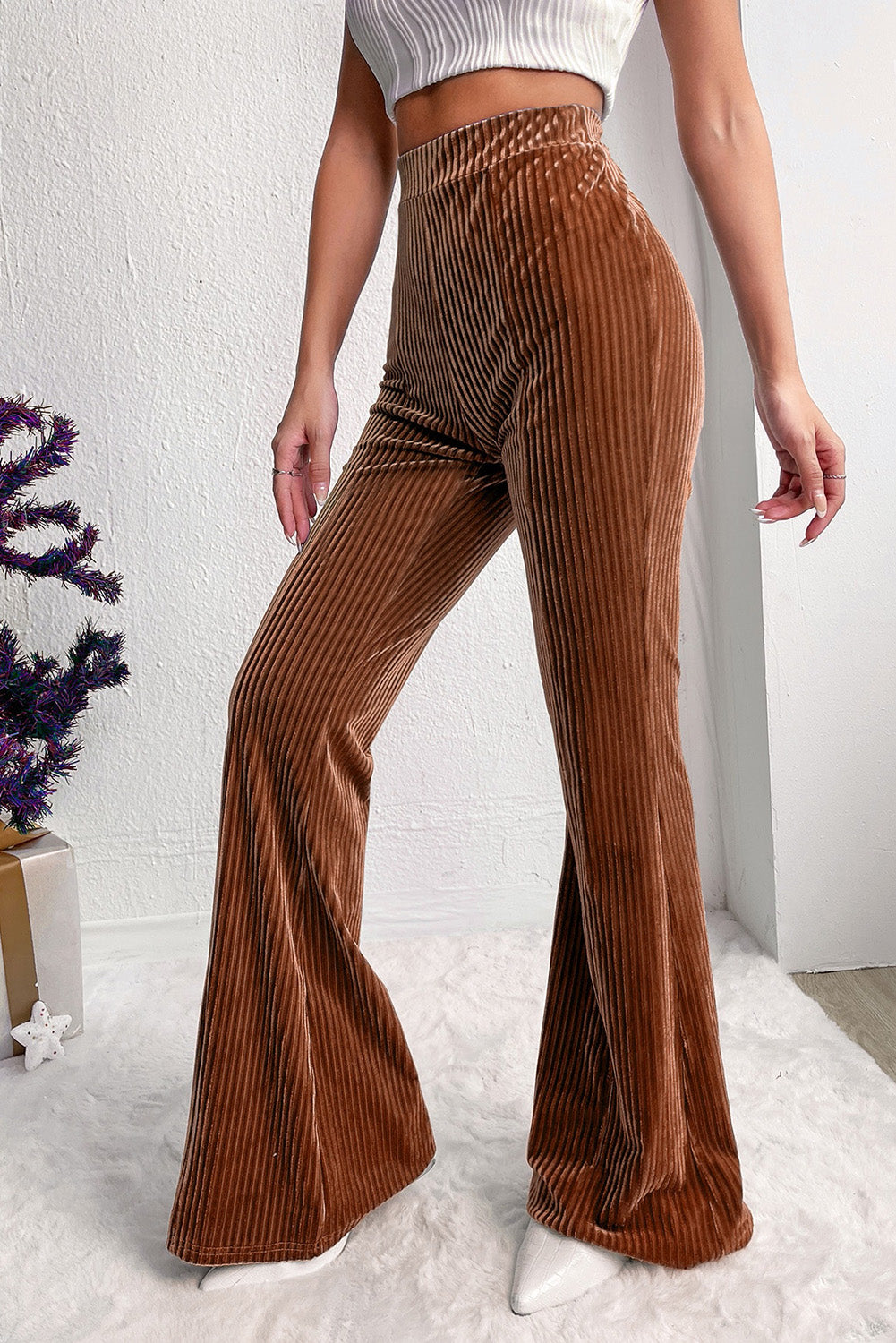 Chestnut Solid Color High Waist Flare Corduroy Pants Dear-Lover Dropshipping