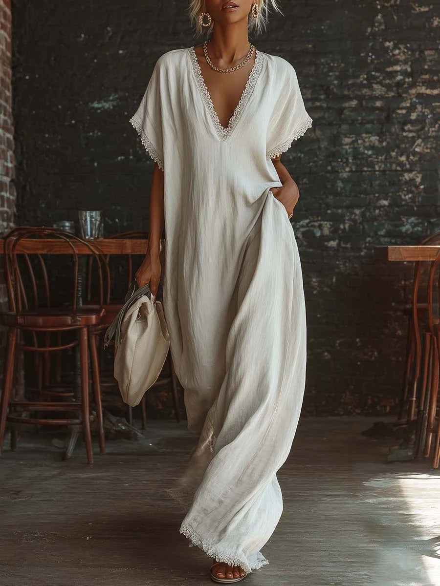 European And American Style Casual Elegant Comfortable Lace-trimmed Loose Linen Cotton Long Dress