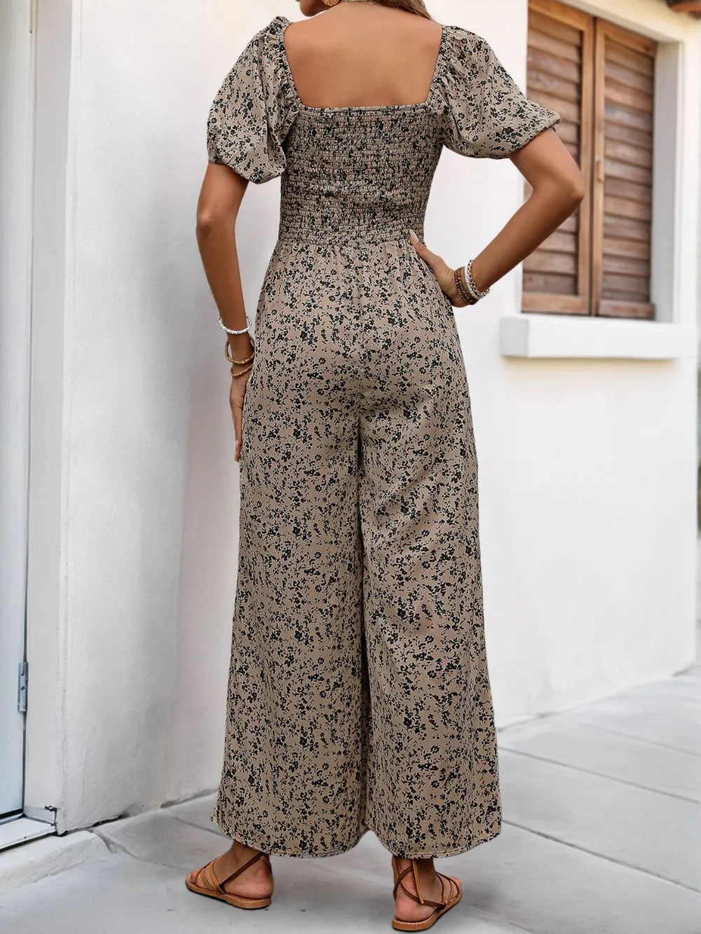 Perfee Smocked Printed Square Neck Puff Sleeve Jumpsuit.
