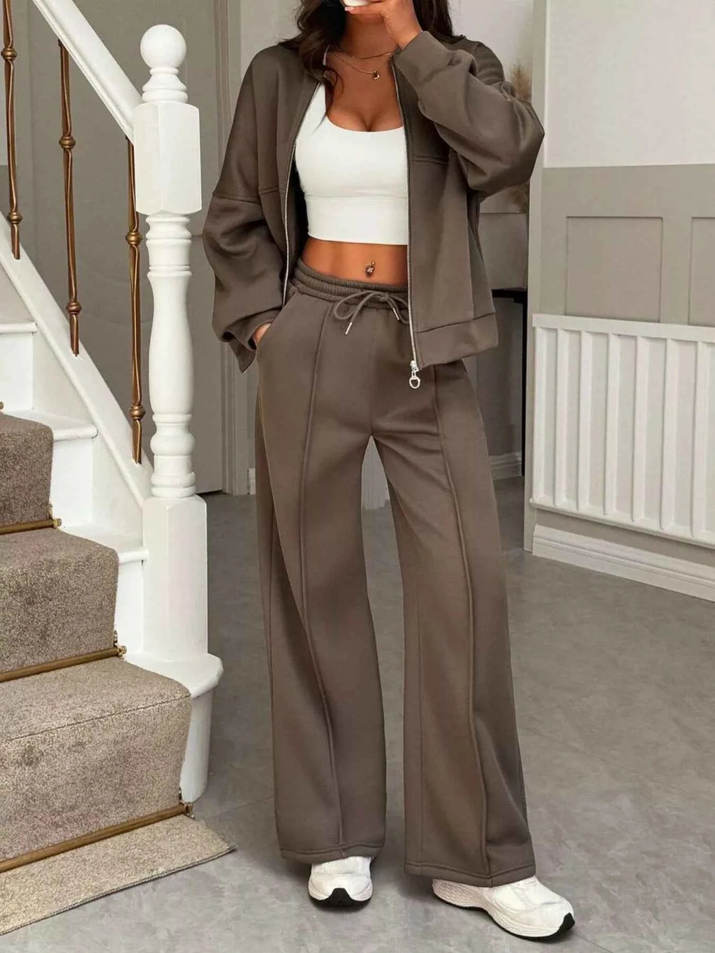 Casual Zipper Front Top and Wide Leg Pants Set