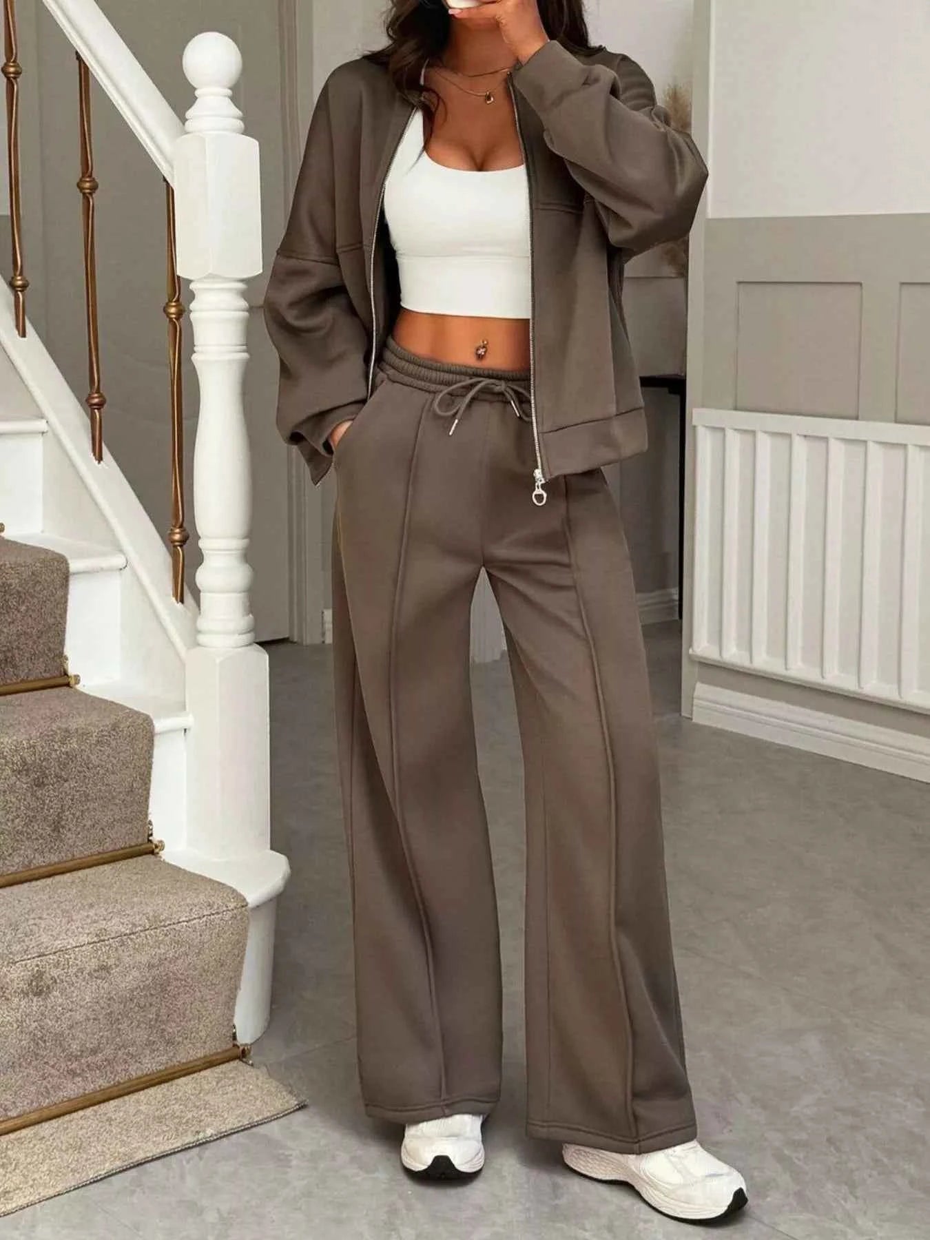 Casual Zipper Front Top and Wide Leg Pants Set