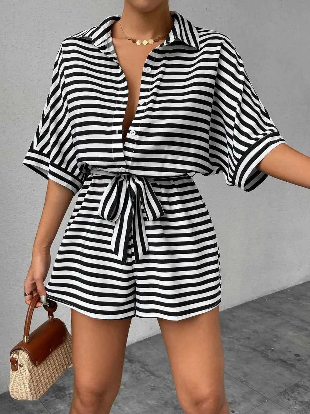 Tie Waist Half Button Striped Romper