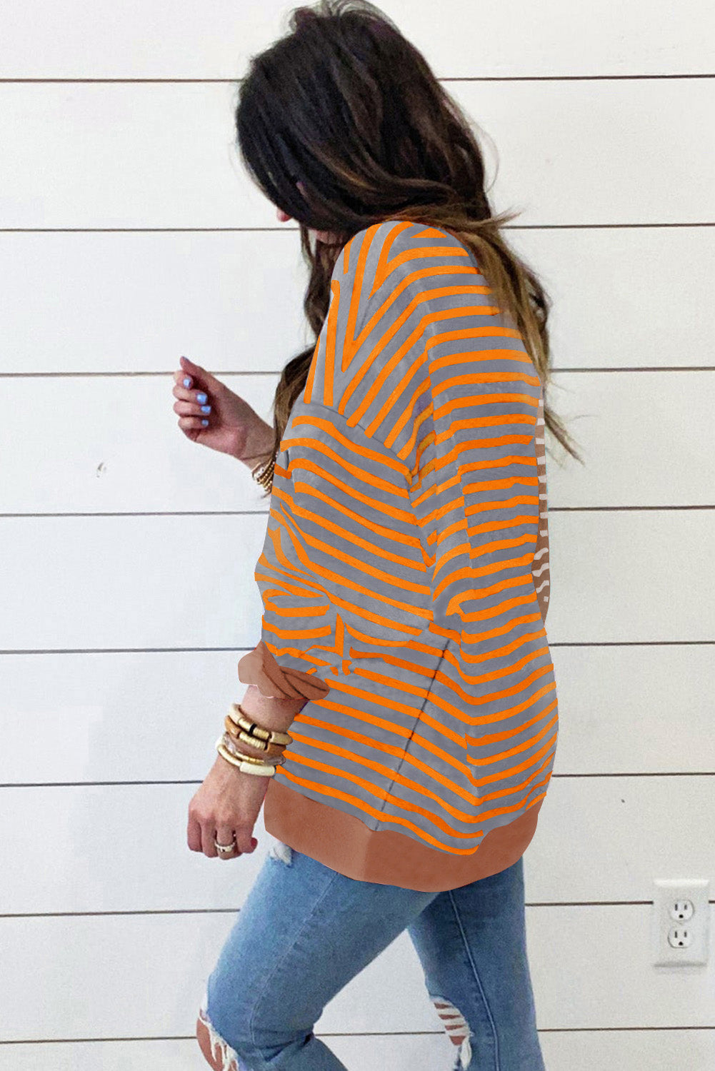 Brown Stripe Casual Stripe Colorblock Drop Shoulder Oversize Sweatshirt Dear-Lover Dropshipping