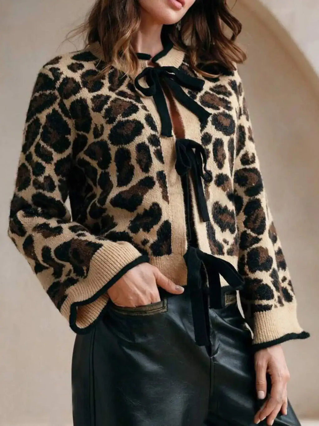 Leopard Print Bow-Tie Front Cropped Cardigan.