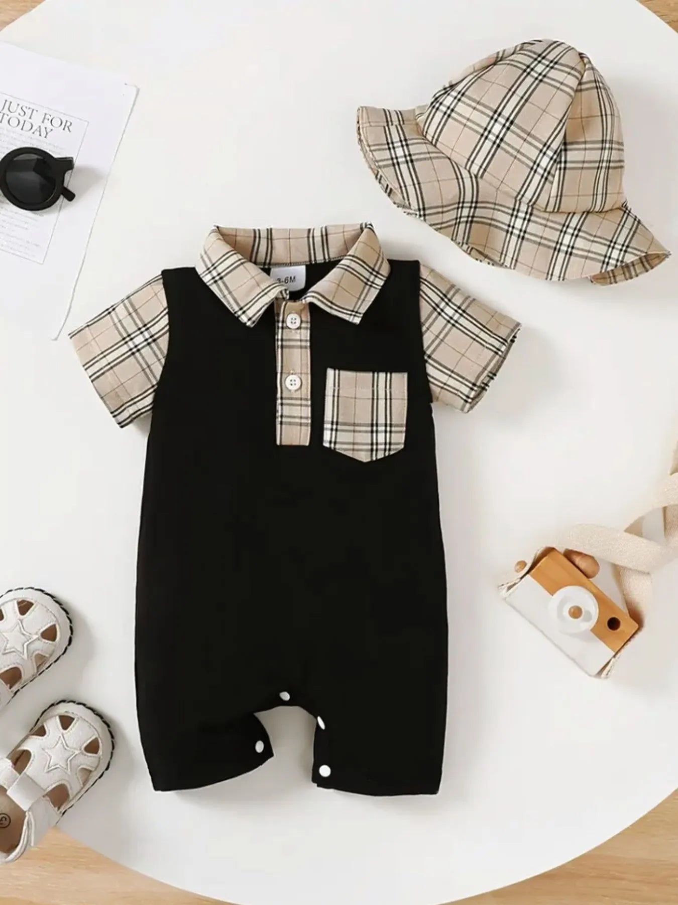 Children's Hat and Plaid Short Sleeve One-Piece Romper.
