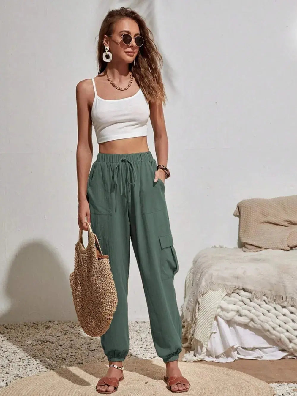 Drawstring Joggers with Cargo Pockets - CHIC TB
