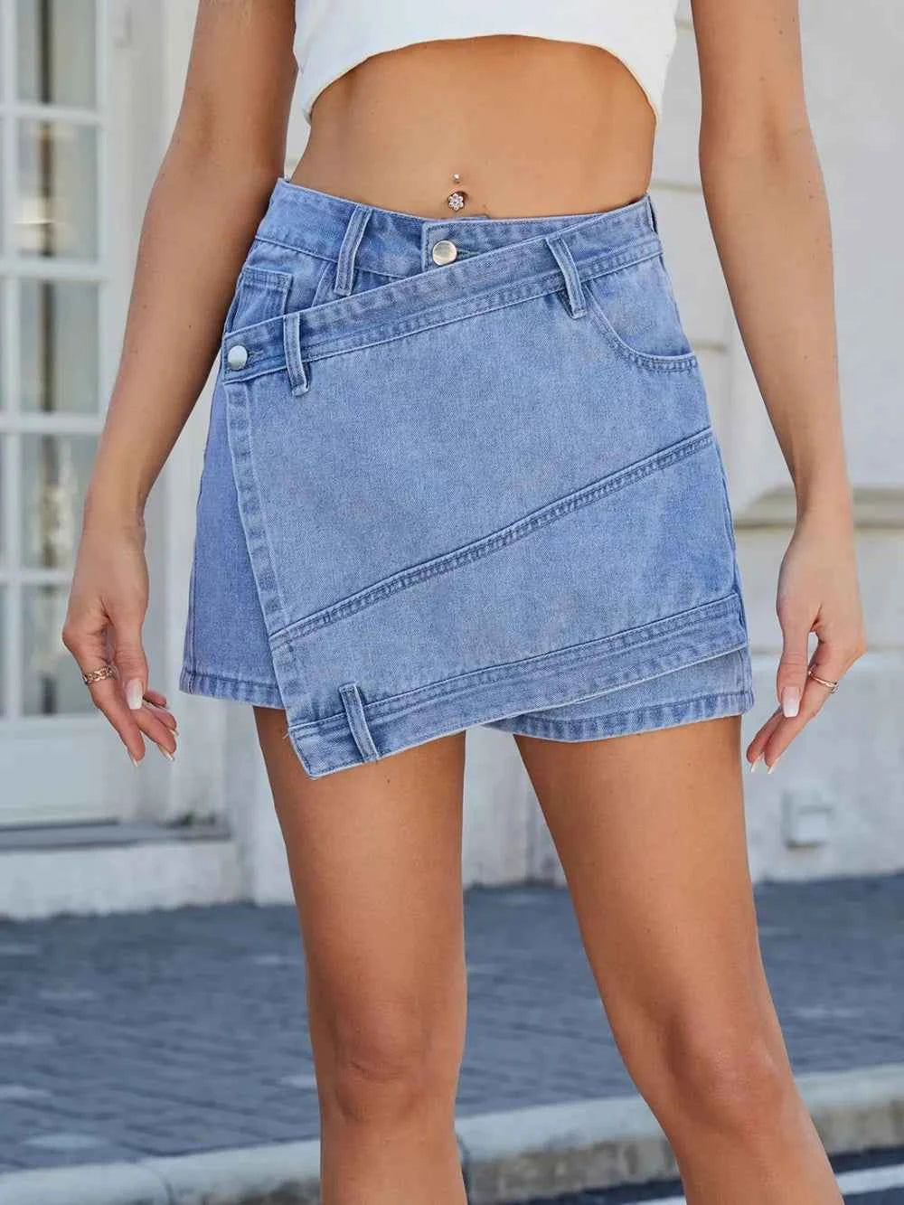 Asymmetrical Denim Skort with Pockets