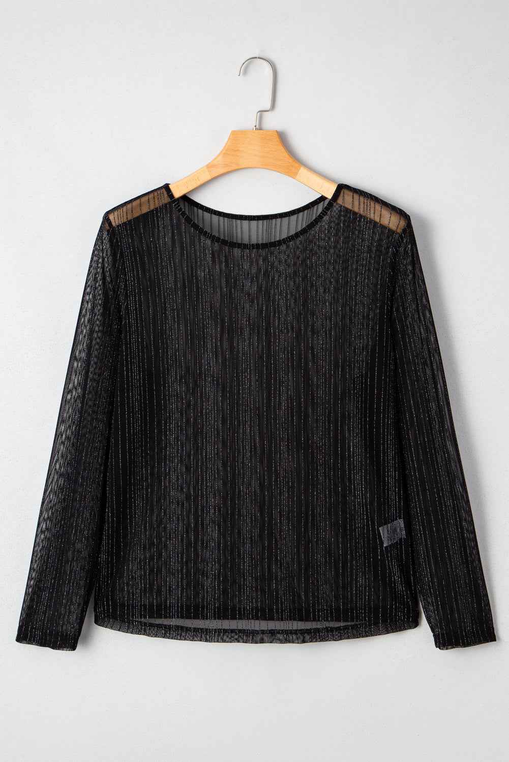Black Plus Size Shimmer Textured Mesh Fitted Long Sleeve Top