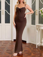 Womens Polyester Lace Trim Sweetheart Neck Ruched Maxi Dress