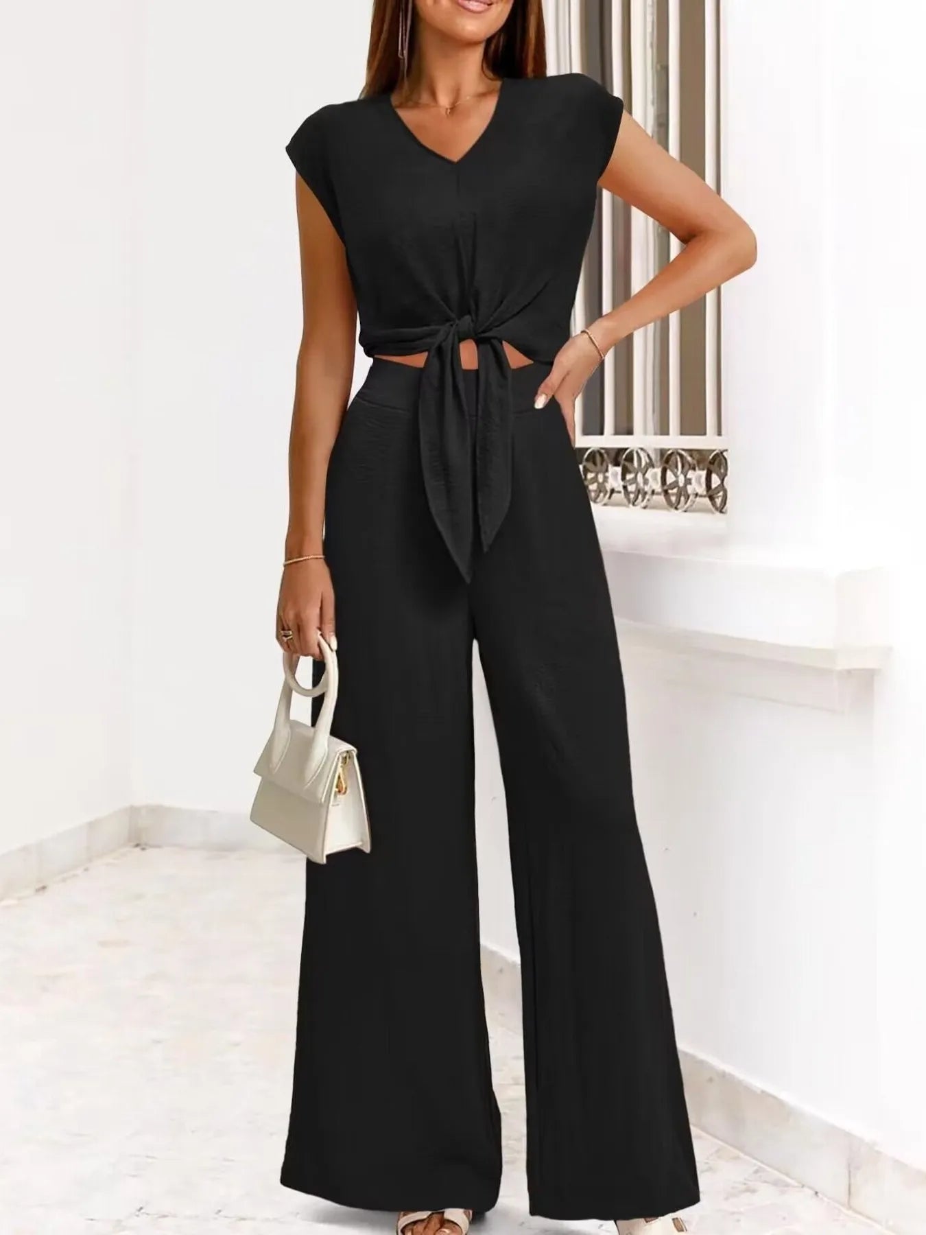 Tie Front Top and Wide Leg Pants Set.