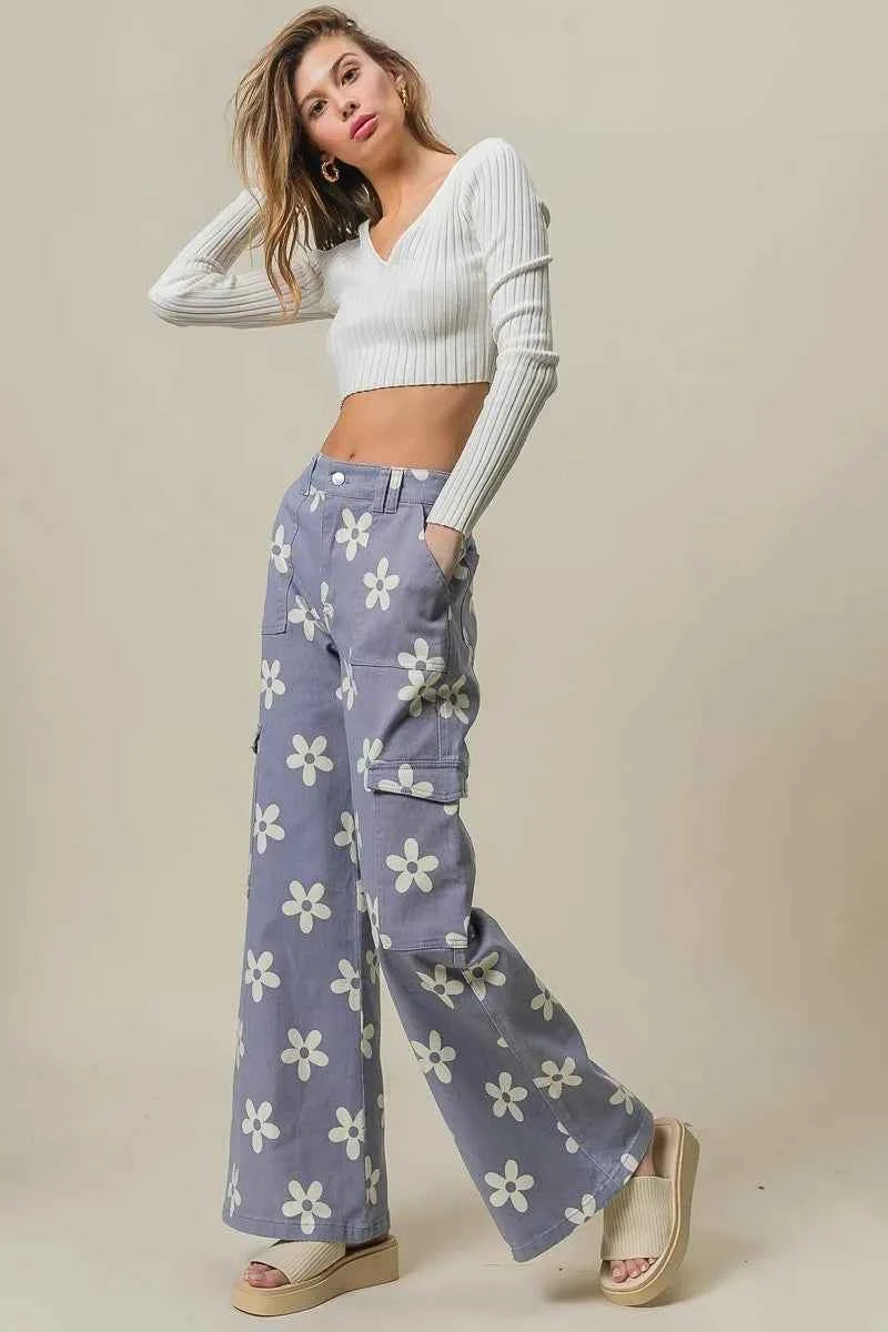 BiBi Flower Printed Side Pocket Wide Pants