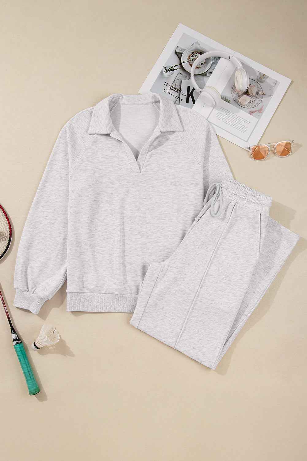 Light Grey Polo Collar V Neck Pullover and Drawstring Sweatpants Set