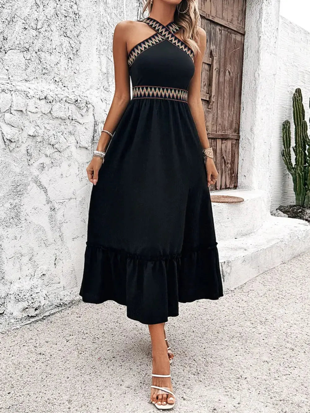 Devine Ruffled Slit Sleeveless Midi Dress.