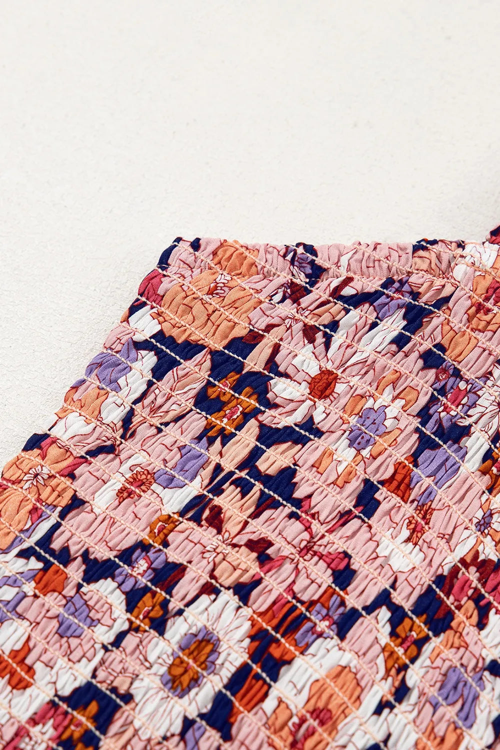 Floral Print Smocked High Waist Square Neck Jumpsuit.