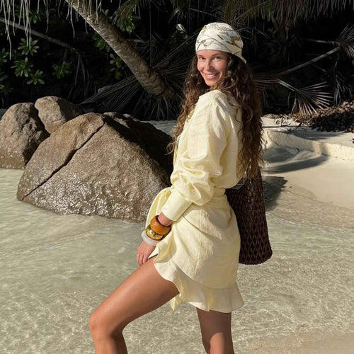 Cotton-Linen Solid-Color Lace-Up Lapel Shirt Holiday Dress