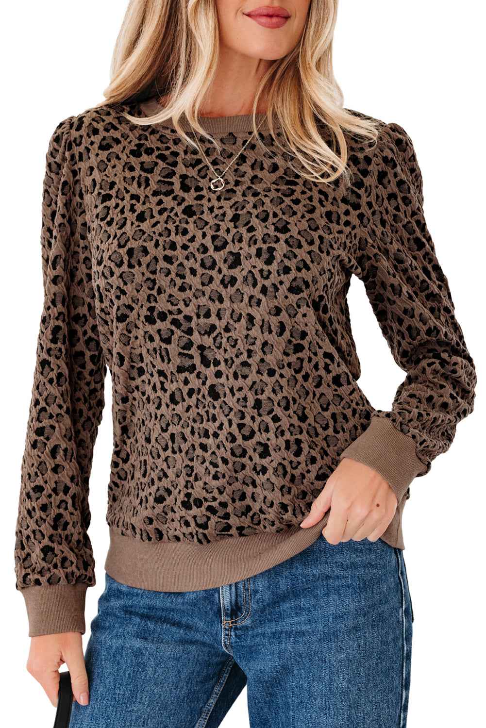 Brown Ribbed Trim Leopard Print Long Sleeve Top