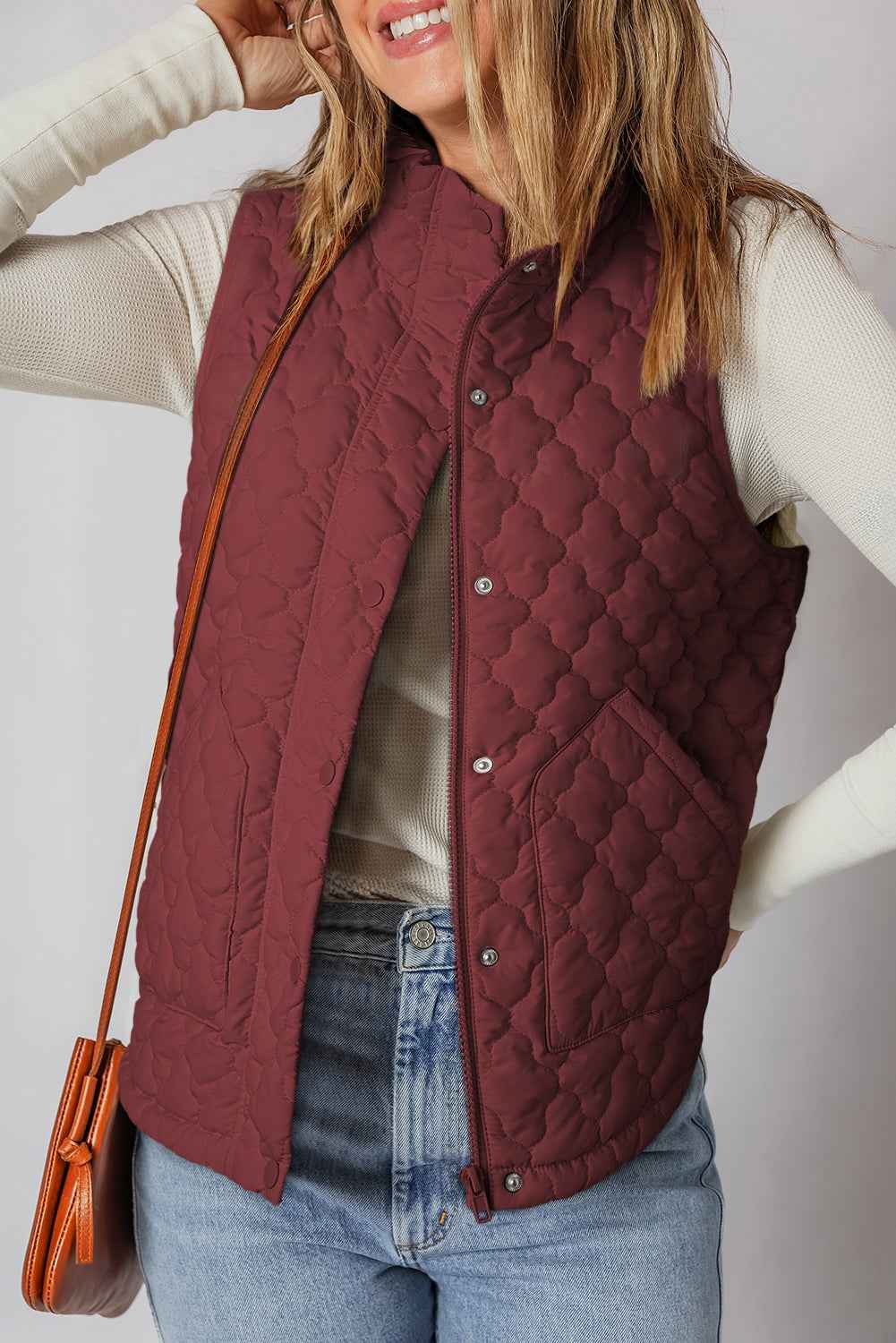 Wild Ginger Flower Shape Quilted Snap Button Zip Up Winter Vest