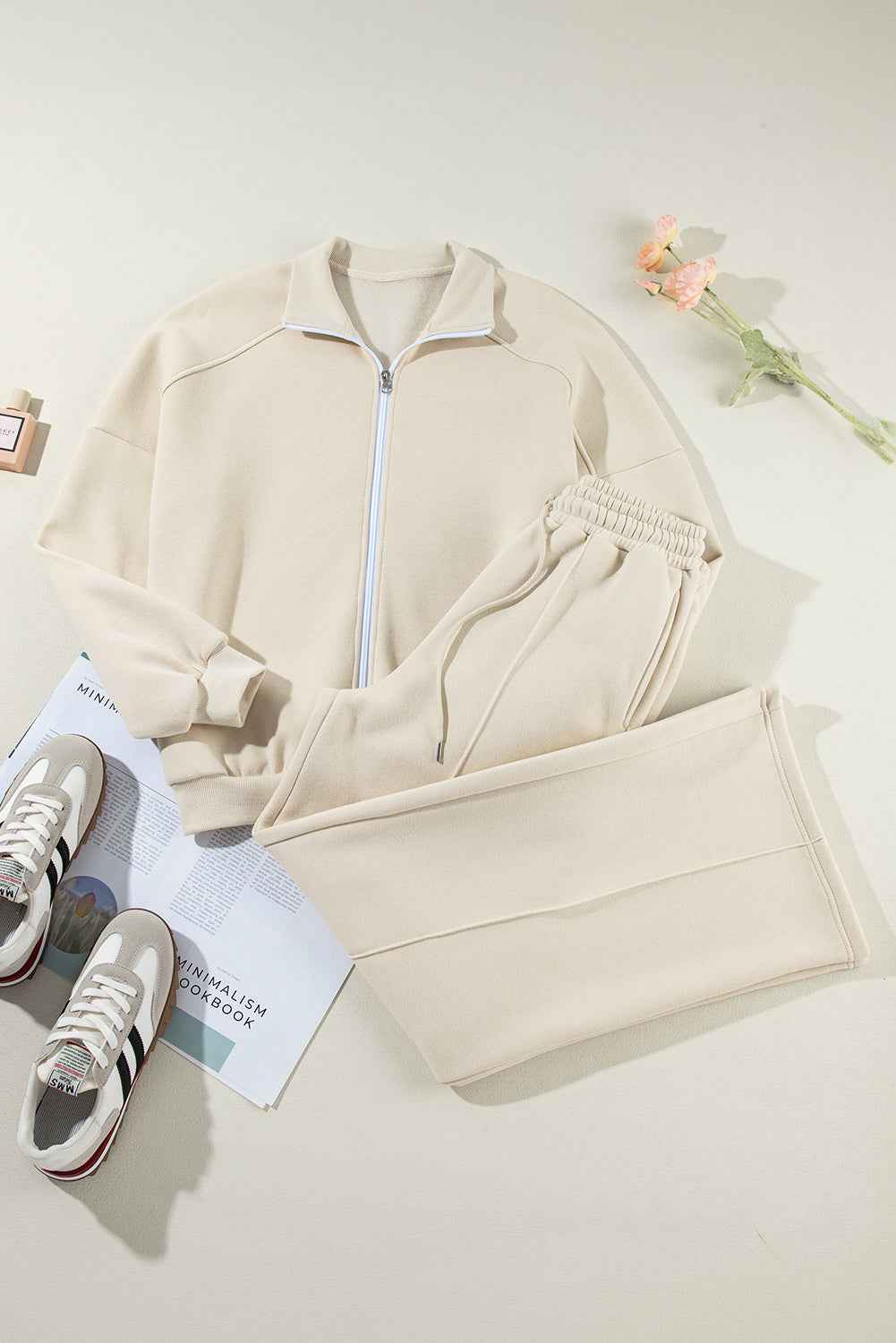 Beige Drop Shoulder Zip Up Jacket Drawstring Pants Active 2pcs Set