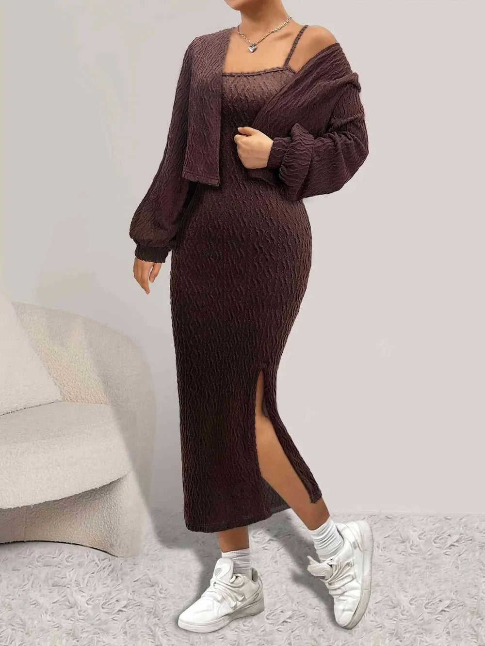 Open Front Long Sleeve Cardigan and Side Slit Cami Dress Set.