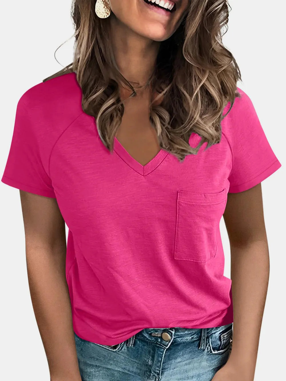 Pocketed V-Neck Short Sleeve T-Shirt.