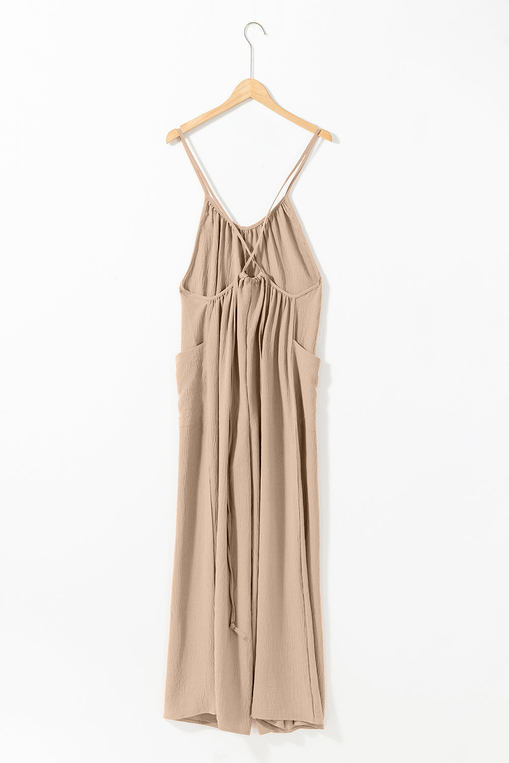 Apricot Spaghetti Straps Waist Tie Wide Leg Jumpsuit with Pockets Dear-Lover Dropshipping