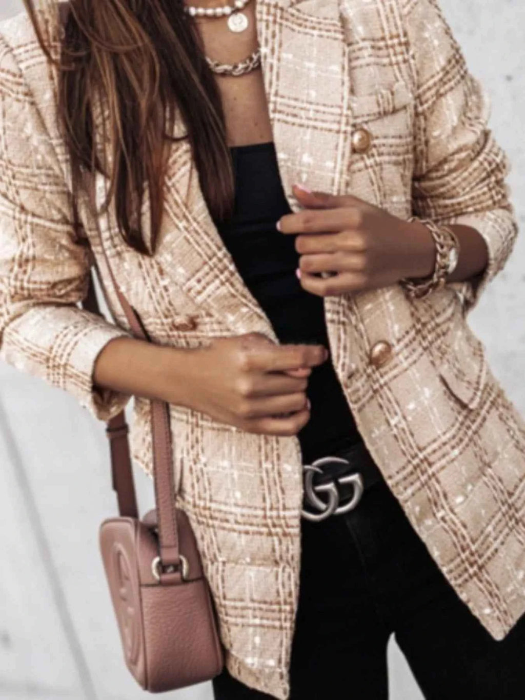 Full Size Plaid Tweed Double-Breasted Blazer Plus Size