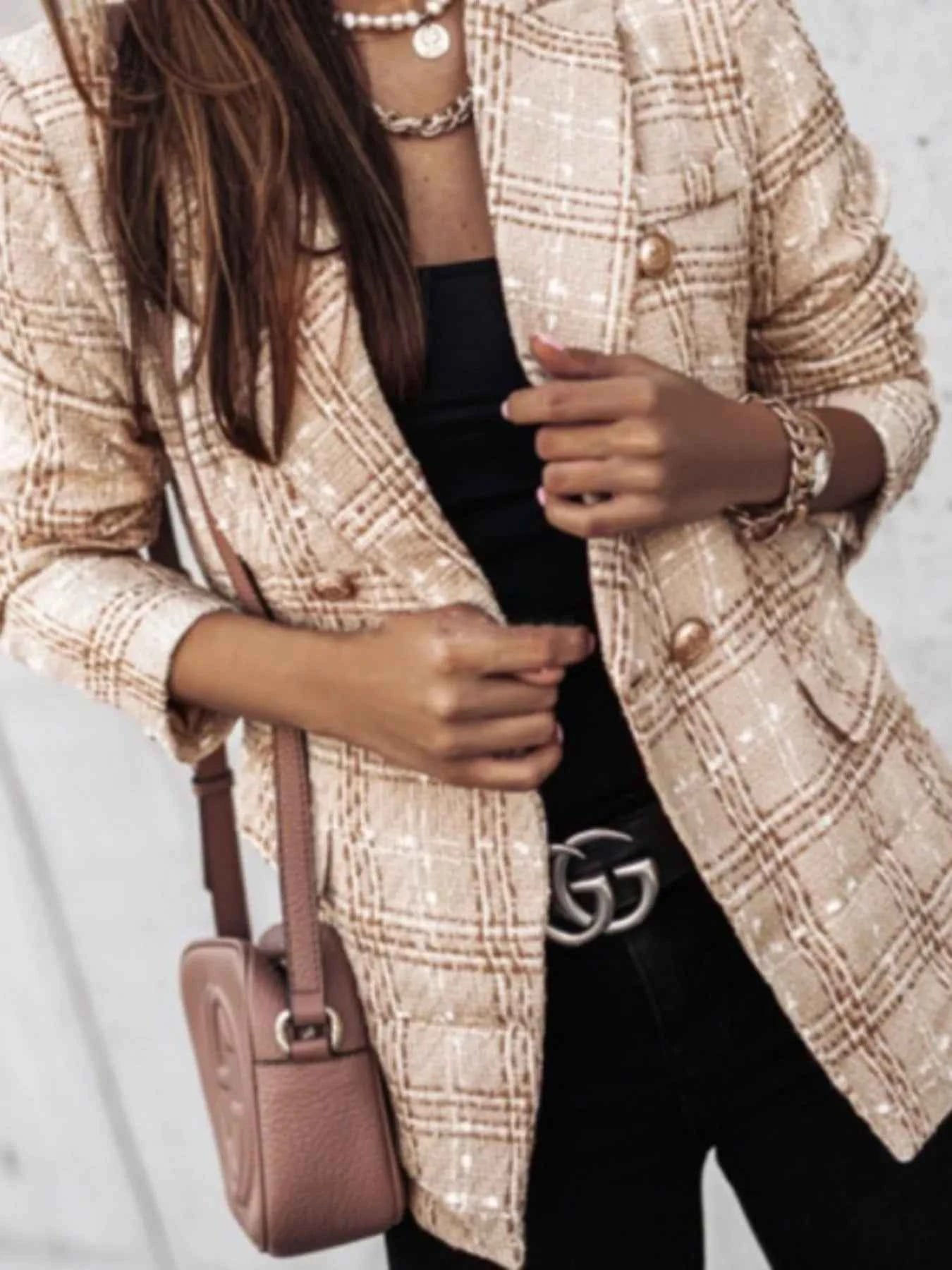 Full Size Plaid Tweed Double-Breasted Blazer Plus Size