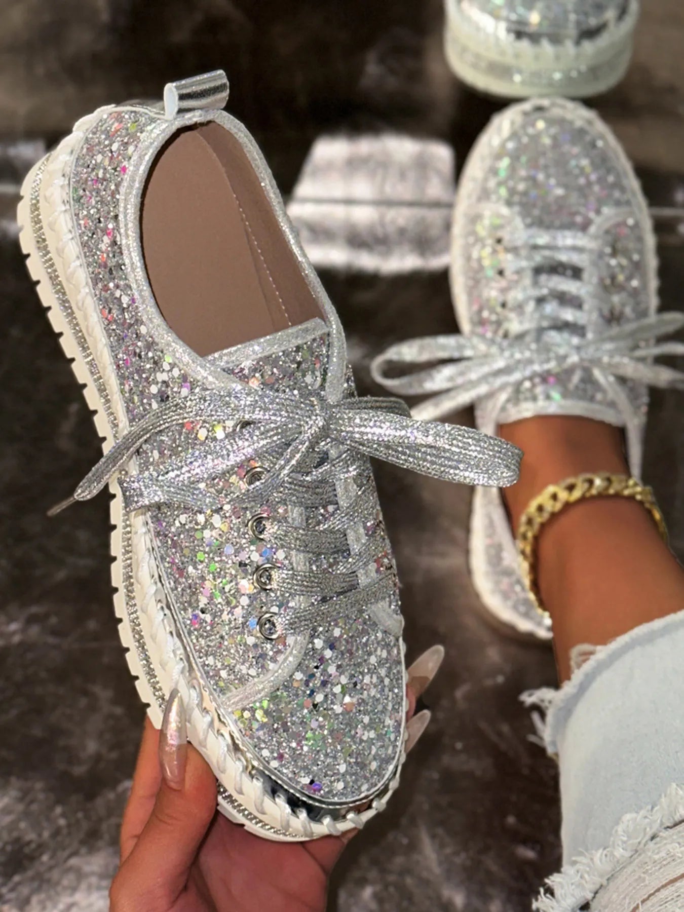 Lace Up Round Toe Platform Sneakers.