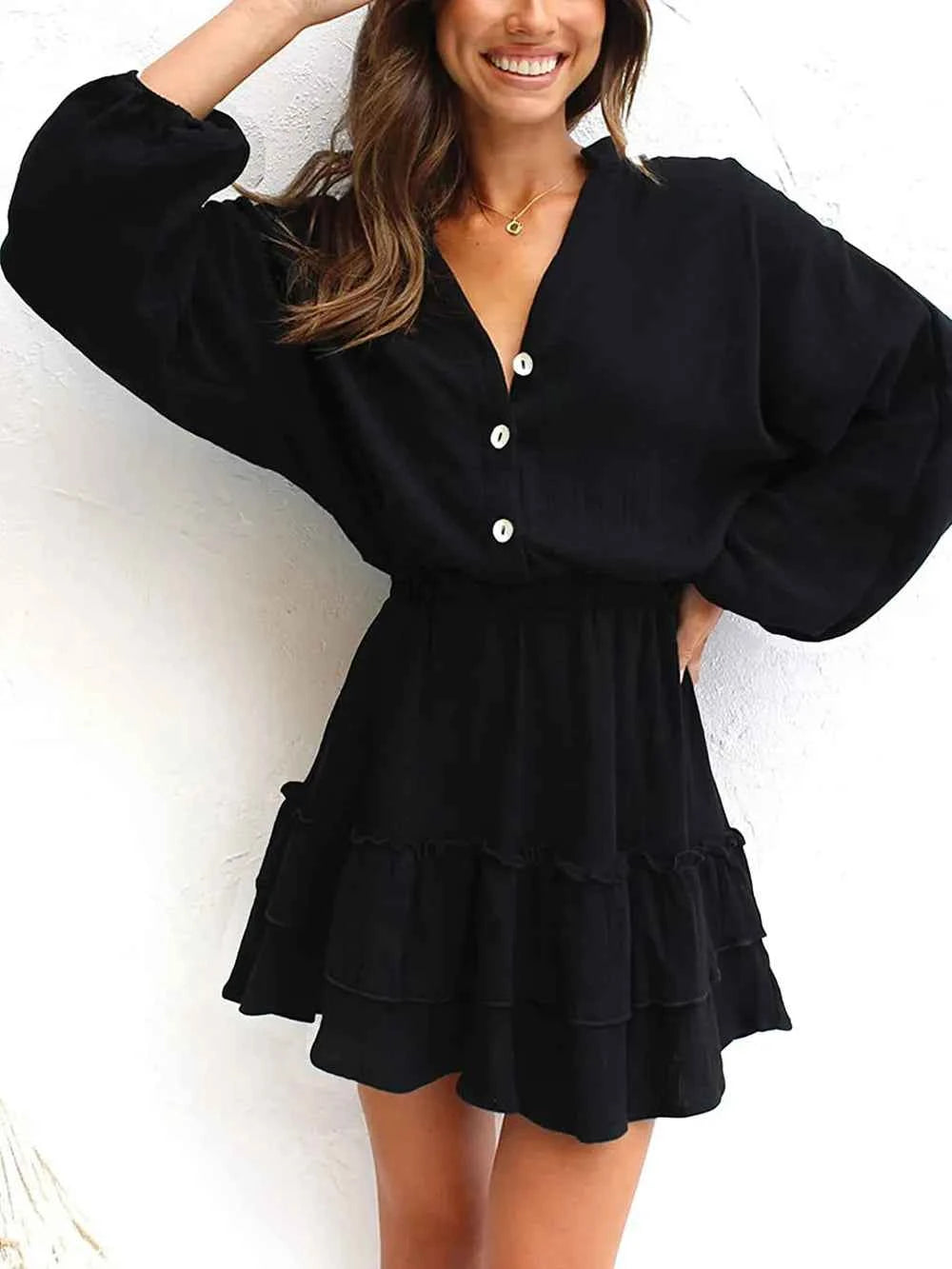 Ruffled Notched Balloon Sleeve Mini Dress.
