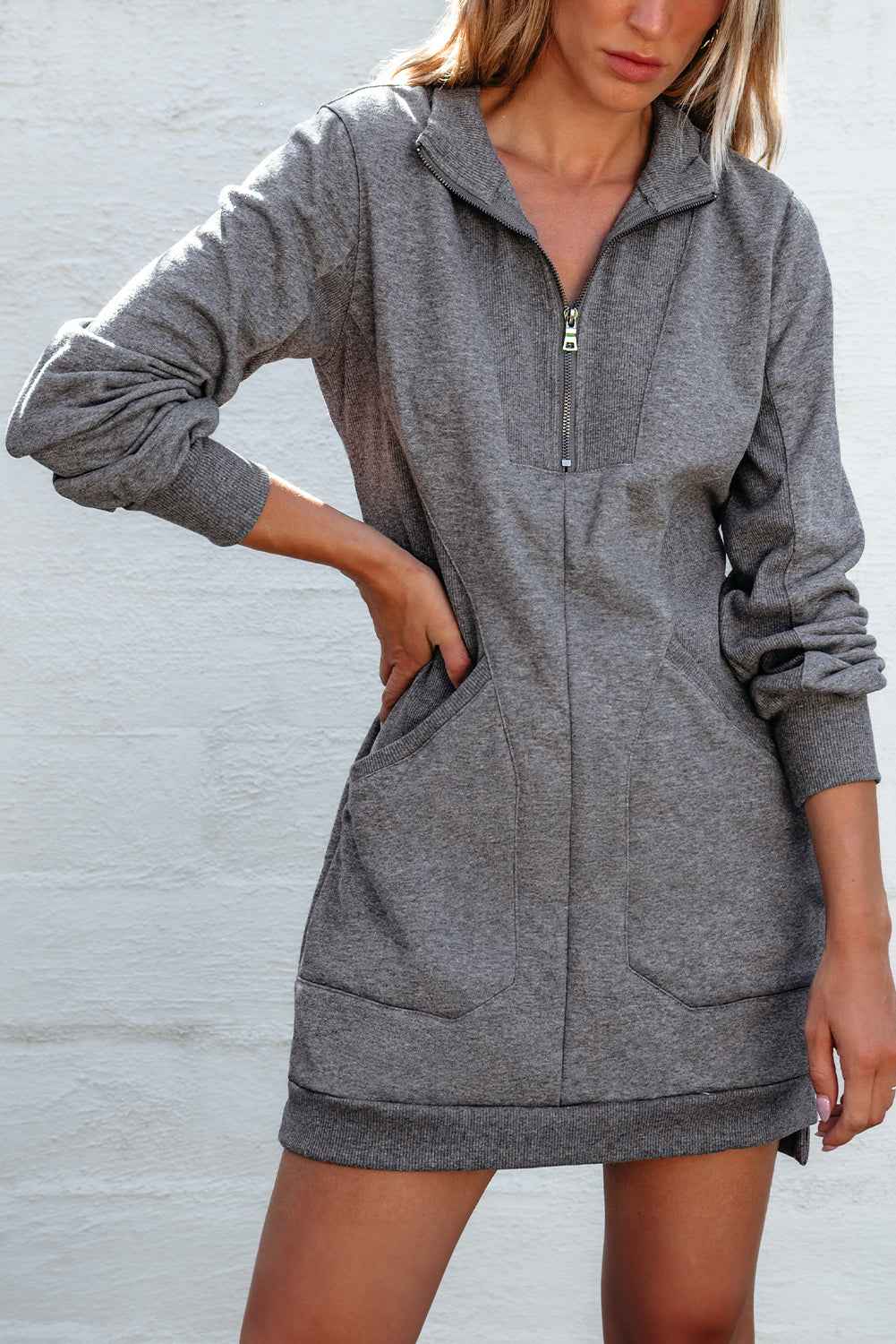 Dark Grey Zip up Collared Ribbed Patchwork Sweatshirt Dress with Pockets