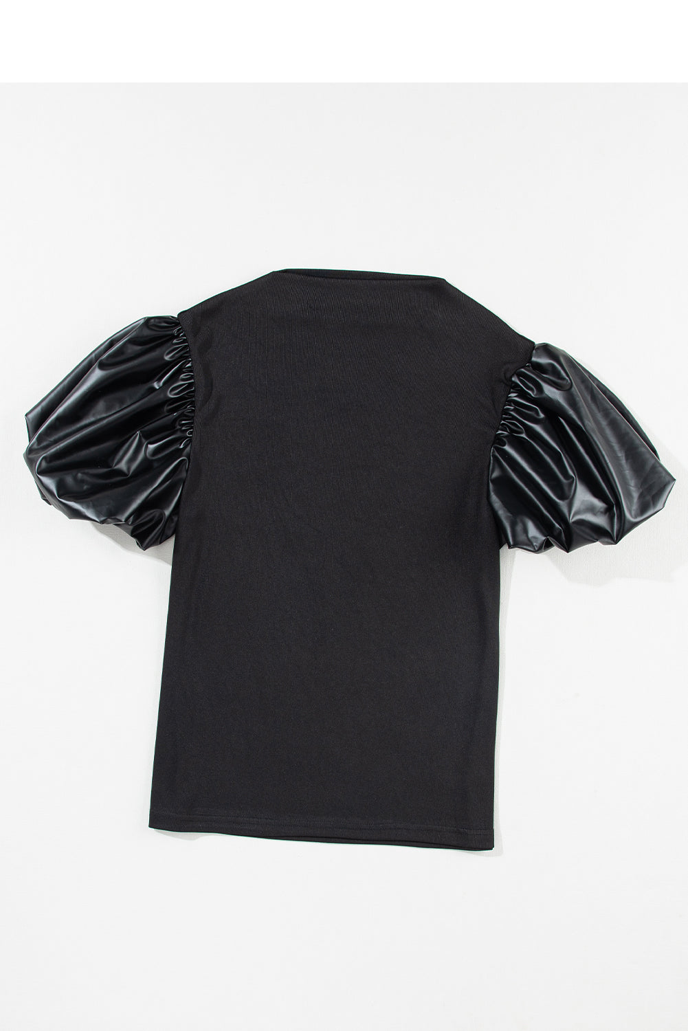 Black Faux Leather Puff Short Sleeve Mock Neck Top Dear-Lover Dropshipping