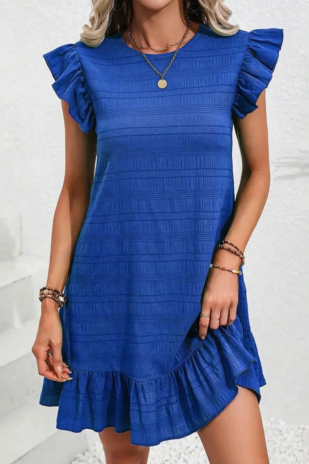 Ruffled Round Neck Cap Sleeve Dress.
