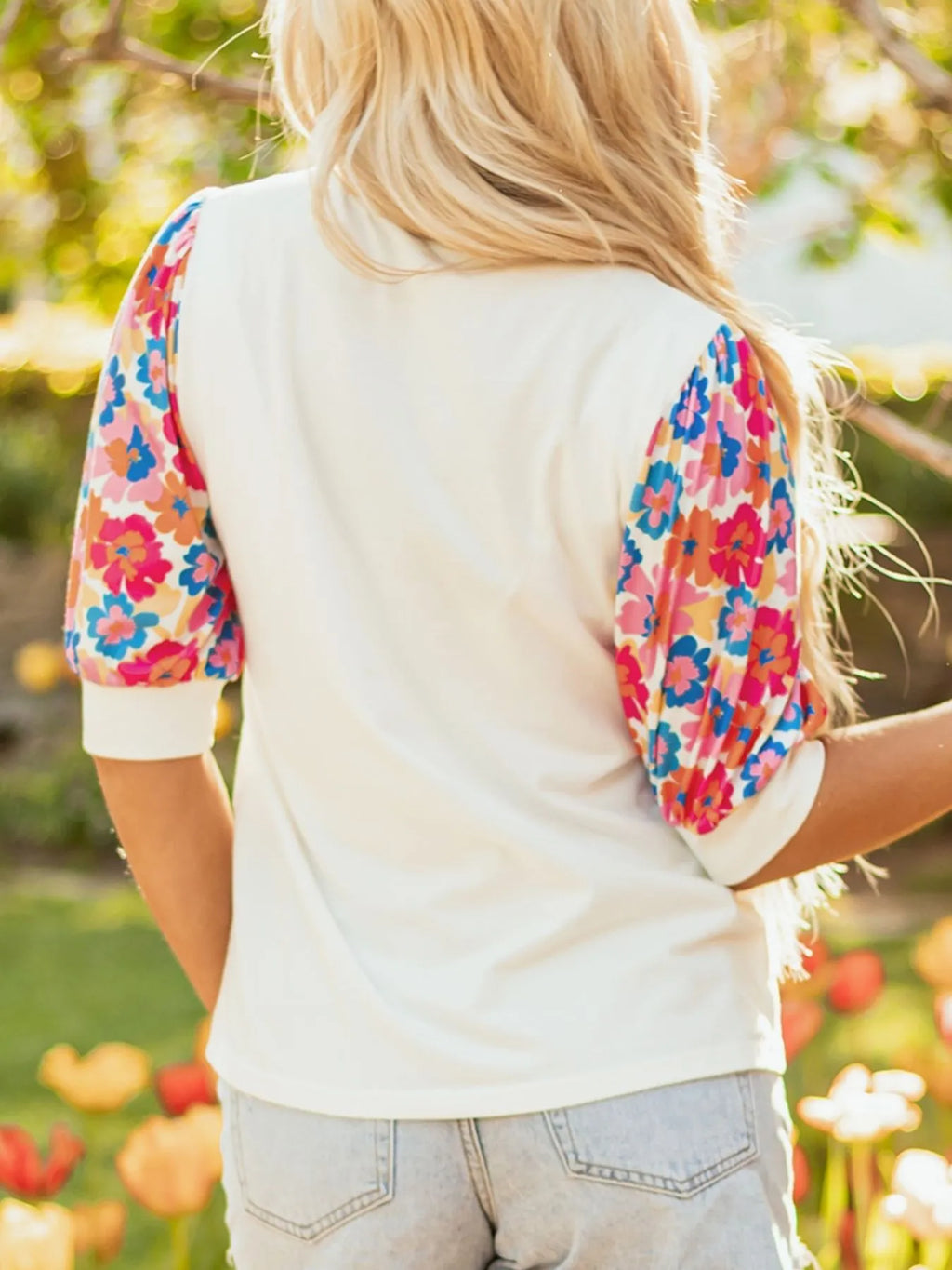 Floral Puff Sleeve Round Neck T-Shirt.