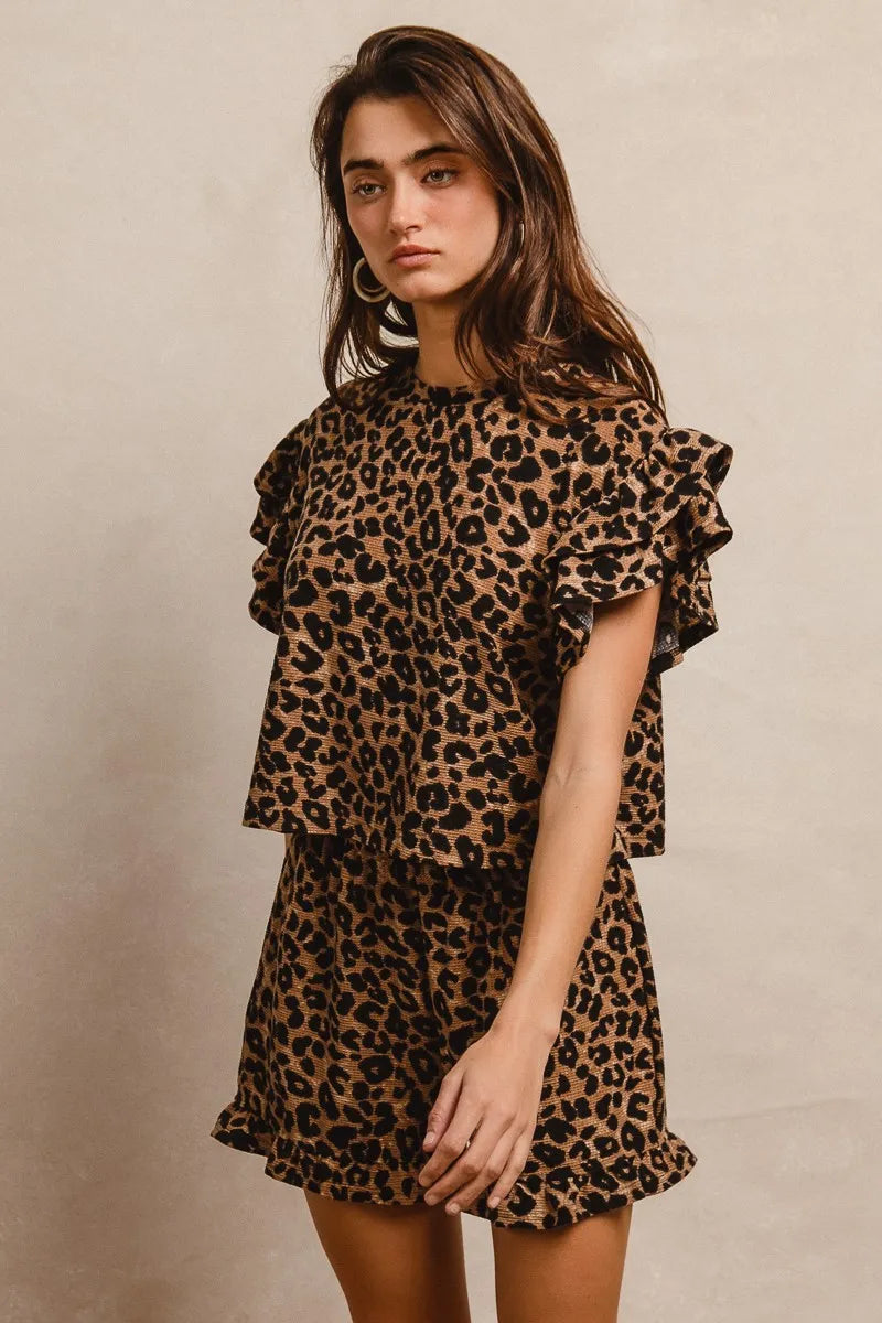 BiBi Leopard Print Waffle Texture Layered Ruffle Sleeve Top and Shorts Set.