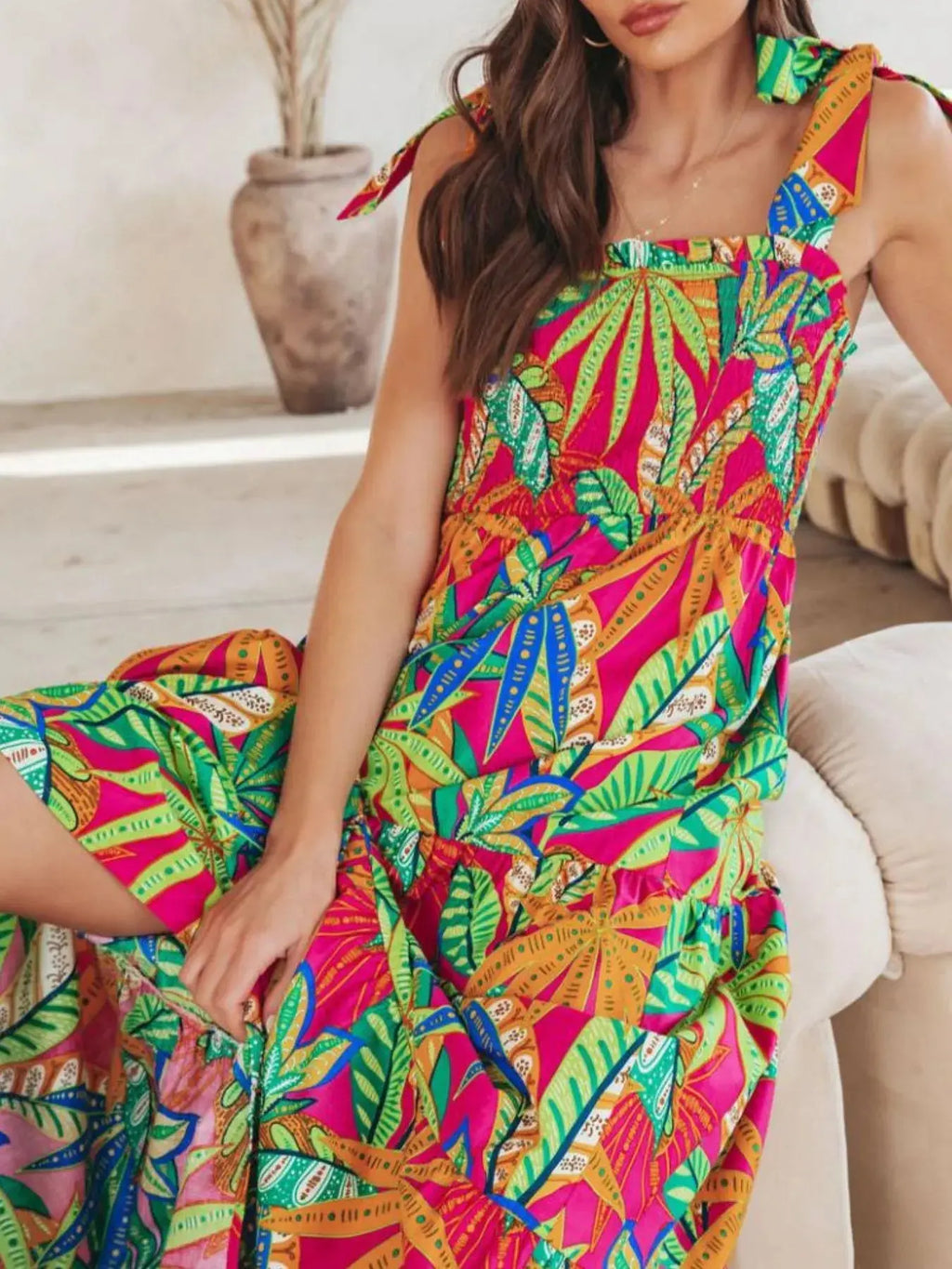 Tropical Print Tie Shoulder Maxi Dress.