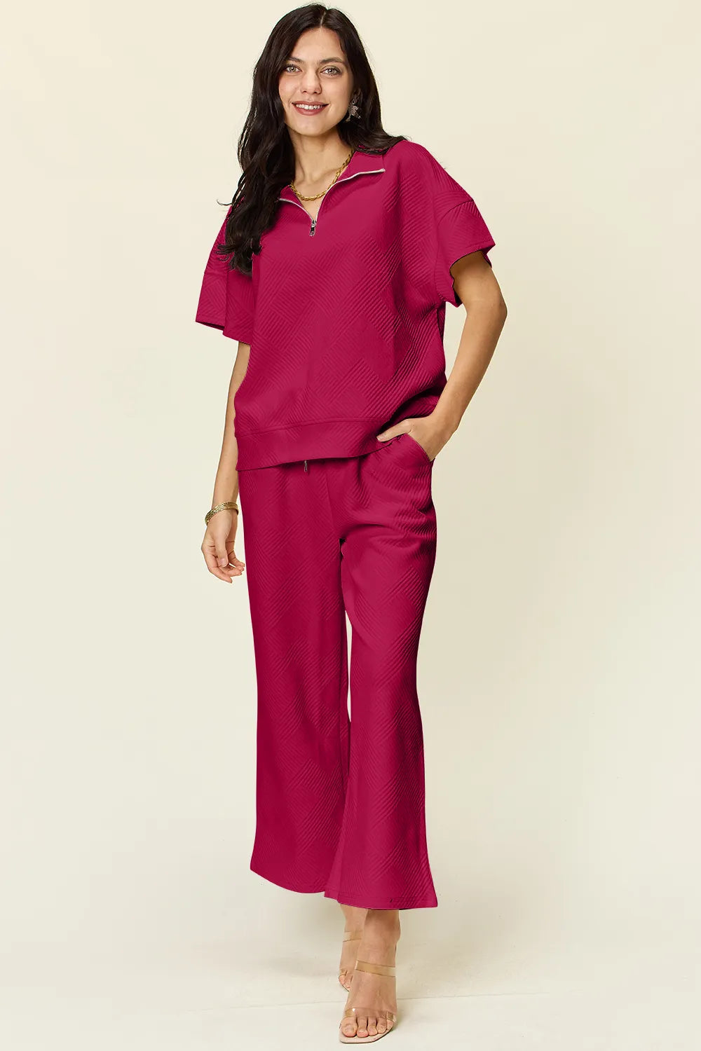 Double Take Full Size Texture Half Zip Short Sleeve Top and Pants Set - CHIC TB