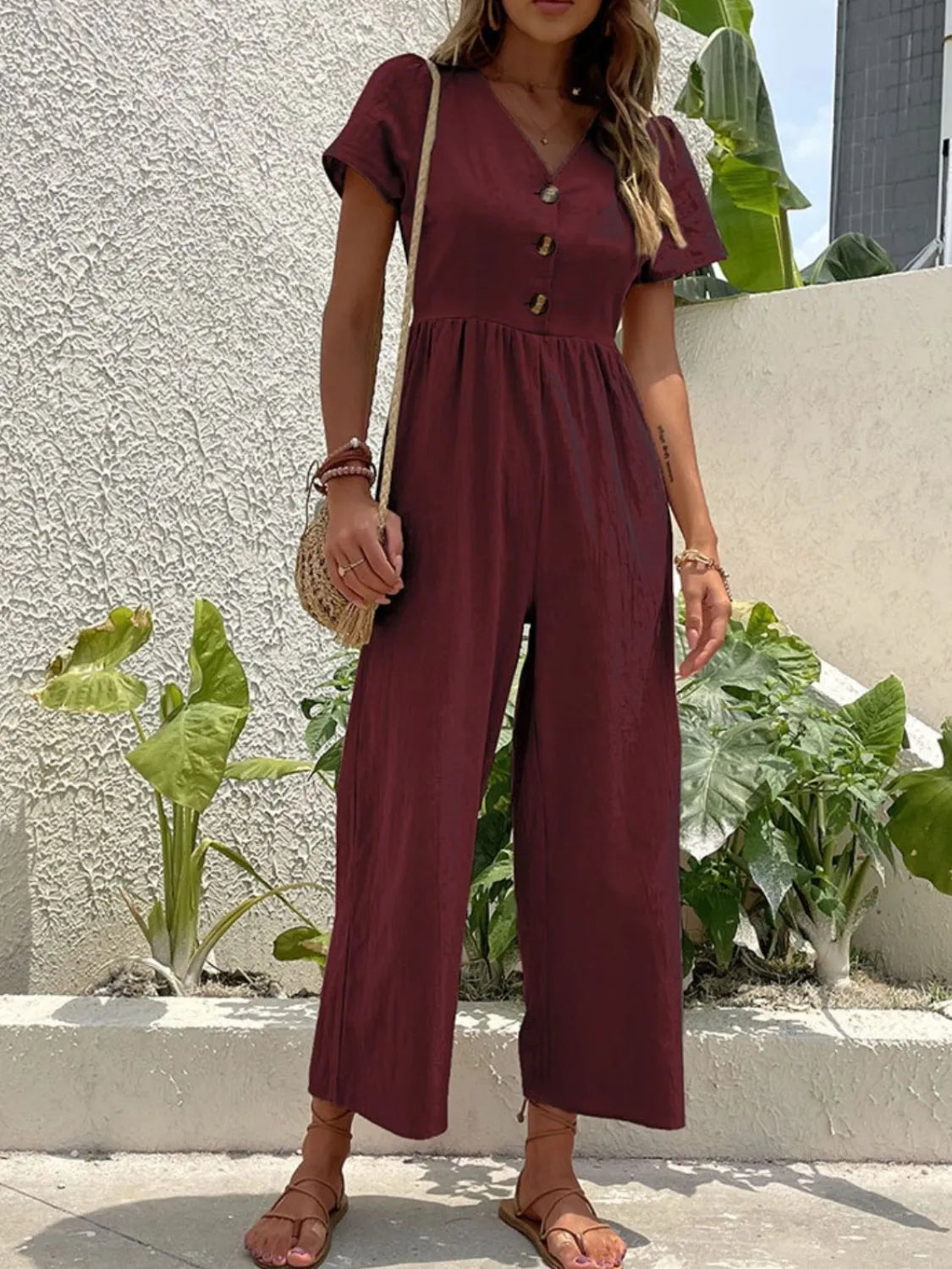 V-Neck Short Sleeve Wide Leg Jumpsuit.