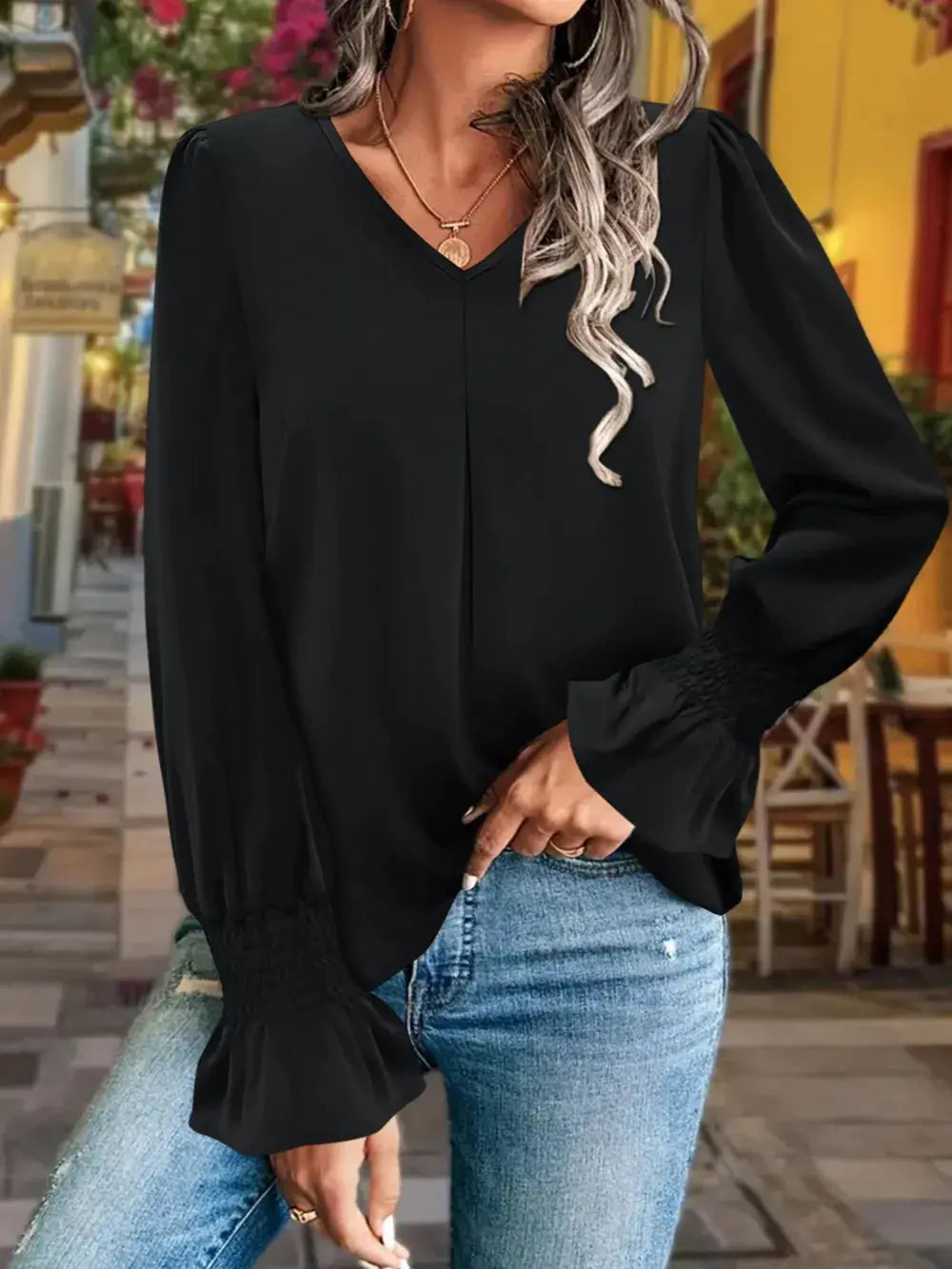 V-Neck Flounce Sleeve Blouse.
