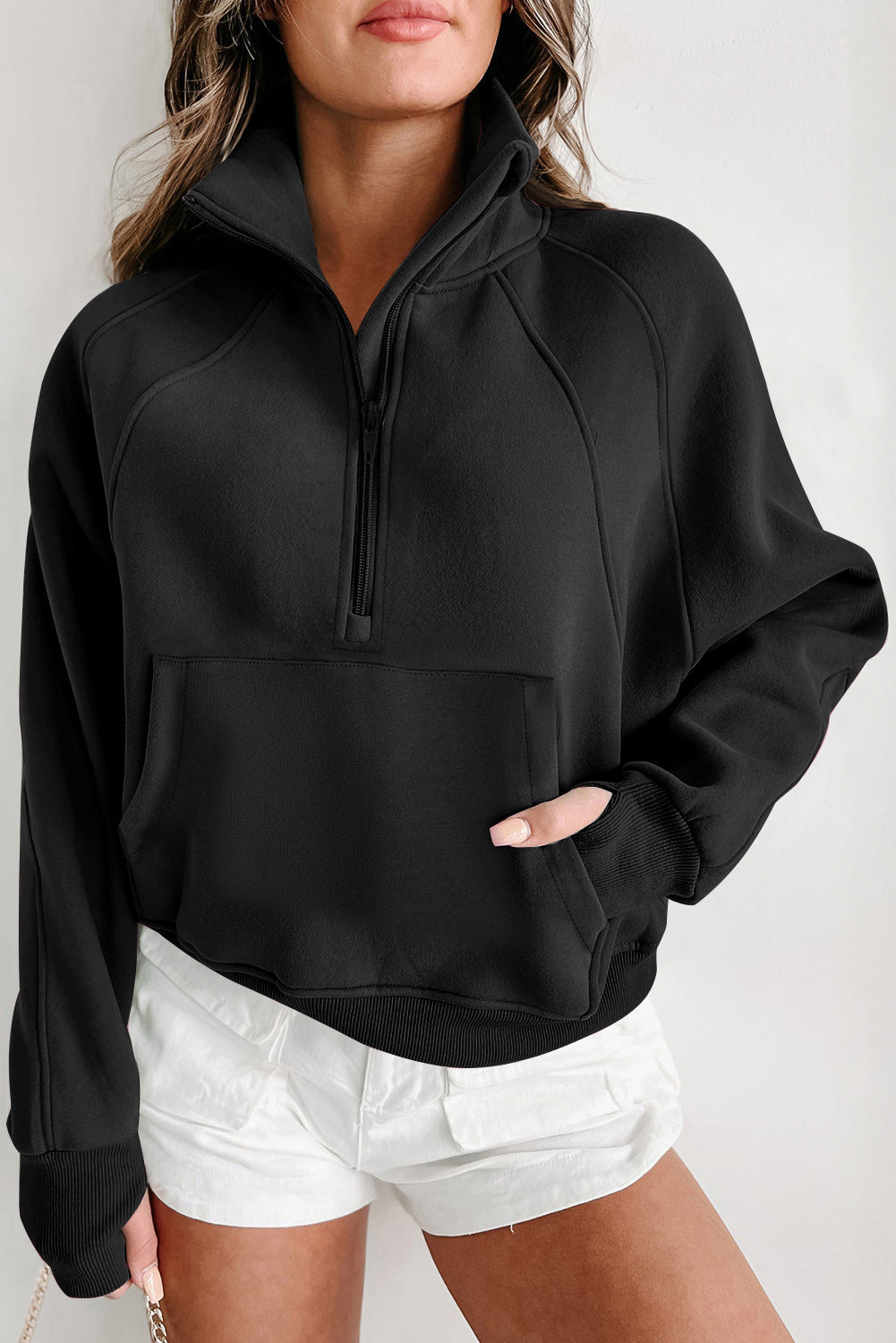 Black Fleece Lined Zip Up Stand Collar Thumbhole Sleeve Sweatshirt Dear-Lover Dropshipping