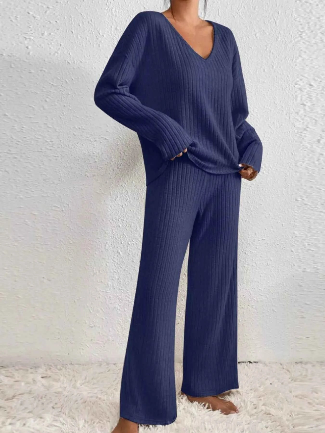 Ribbed V-Neck Top and Pants Set