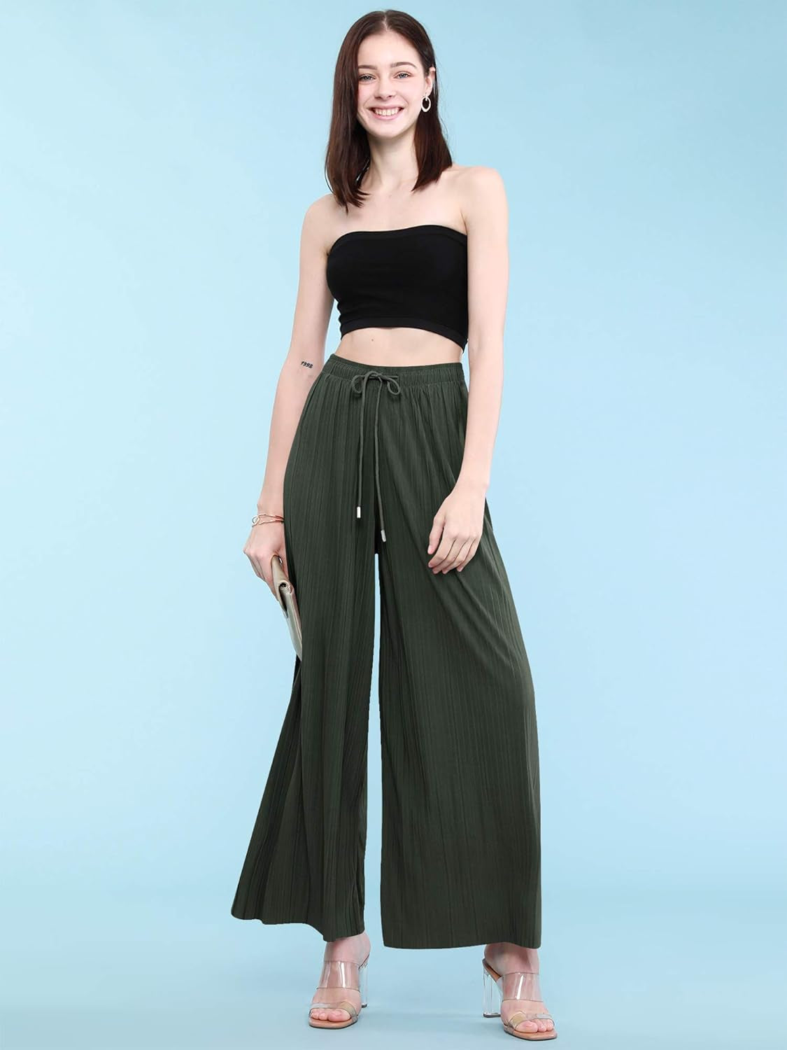 Made by Johnny Women'S Pleated Wide Leg Palazzo Pants with Drawstring